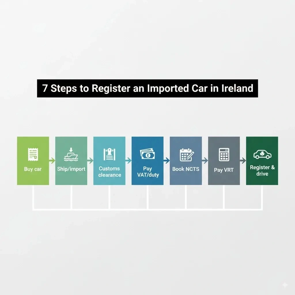 Complete guide to importing a car to Ireland showing VRT, VAT, and customs information