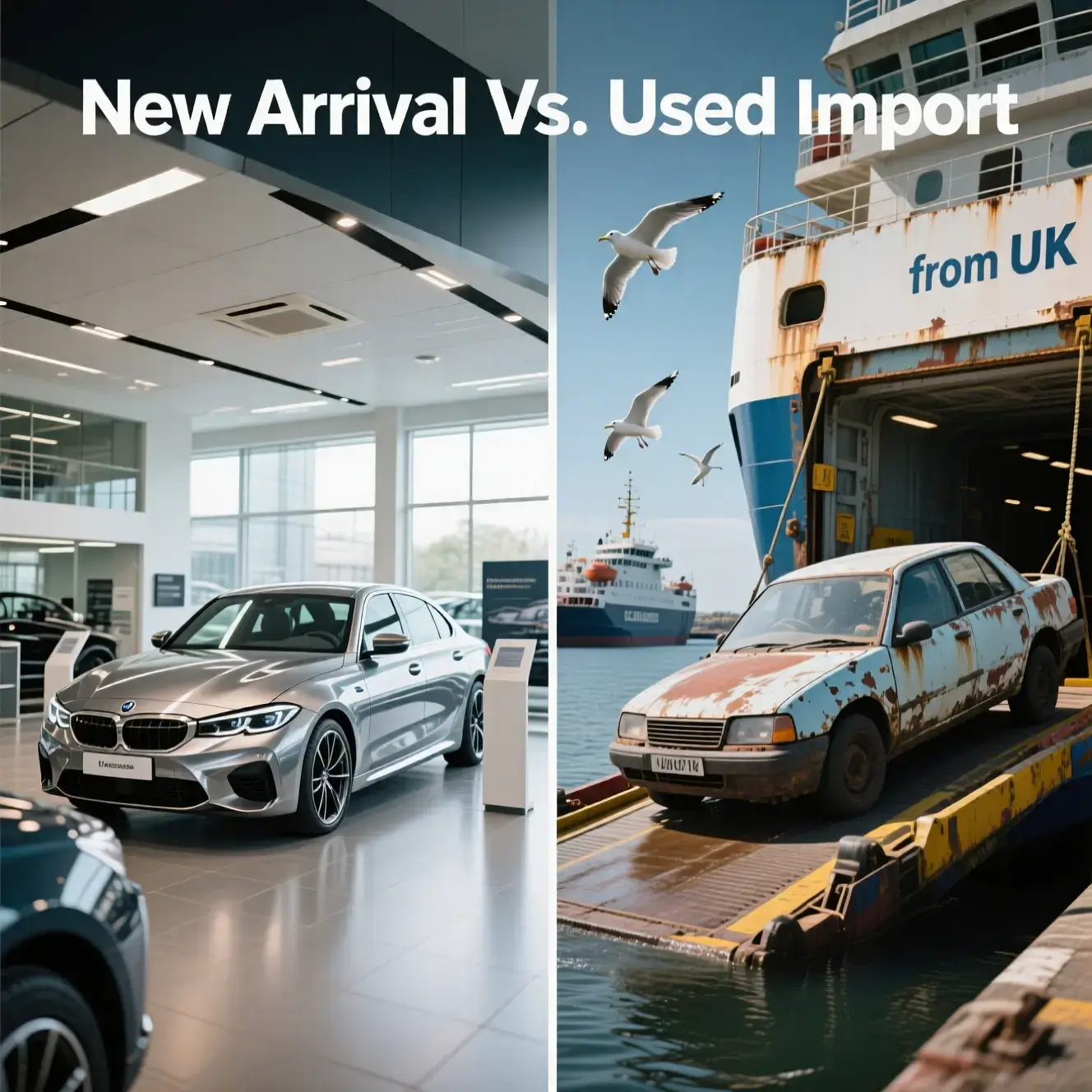 Side-by-side comparison: shiny new car in an Irish dealership vs. a quality used car, illustrating VRT cost differences.